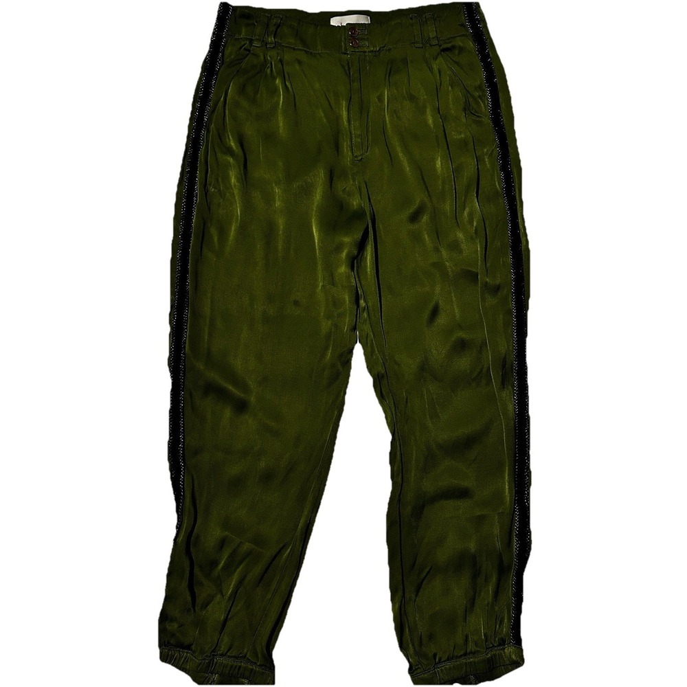 Anthropologie Women's Jogger Crop Pants Size 10 Green Zipper Hem Black Stripe